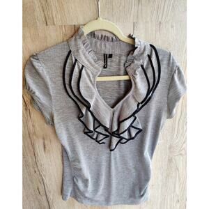 Y2k VNTG Academia blouse v-neck with black ruffle trim Sz, L Coquette Dollette